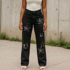 Women's jean with tags, embellished, wide leg, full rise, deep indigo